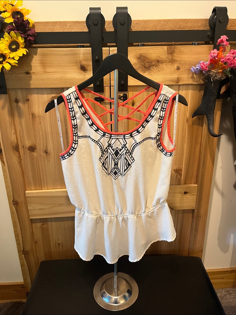 E & M Cream Peplum Tank with Coral Strappy Back and Navy Embroidery